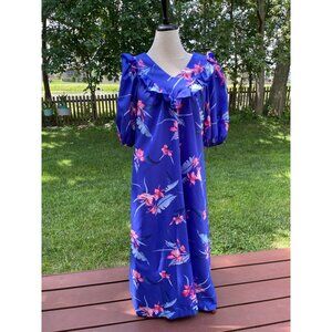Island Fashions Blue Floral Maxi Dress Size 12 Made In Hawaii